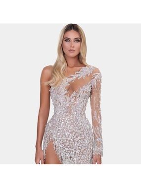 Albina Dyla Embellished One-Shoulder Silver Evening mini Dress us2